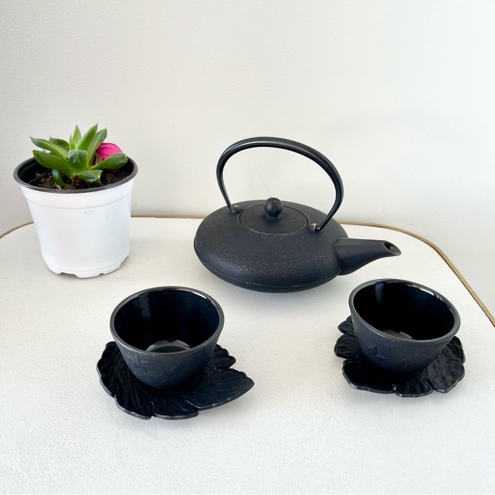 IWACHU CAST IRON TEAPOT MAPLE LEAFS TEACUPS tea set Japan Tetsubin